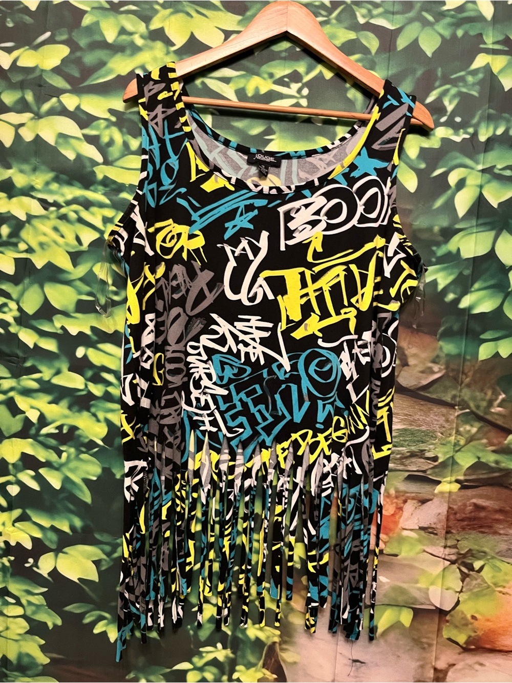 Rouge! Black Graffiti Fringe Camisole with Yellow & Teal Accents
